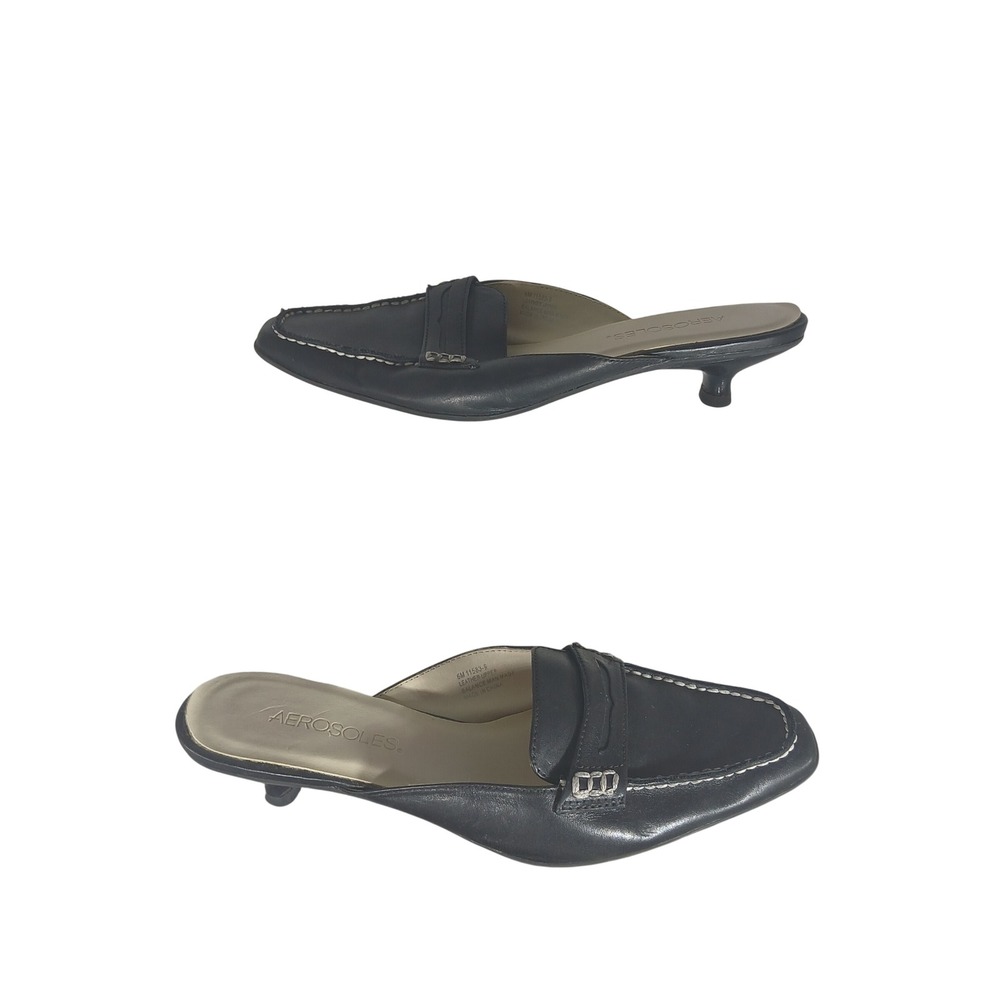Aerosoles Black Leather Kitten Heel Mules Penny Loafer Square‎ Toe Shoes 6M l
